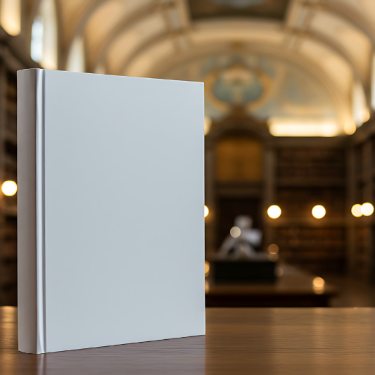 weißes Buch stehend auf einem Tisch in einer historischen Bibliothek