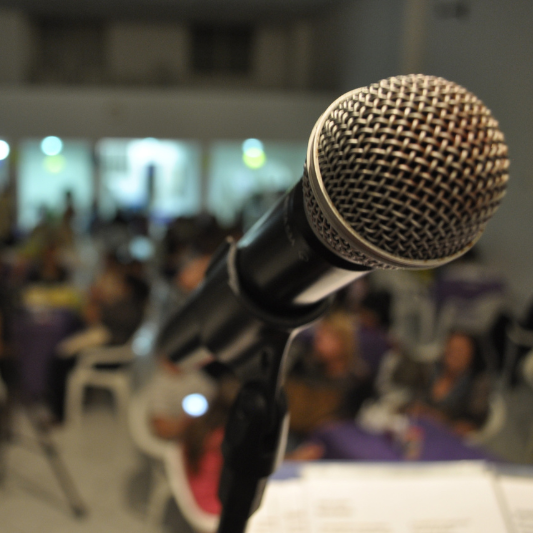 Nahaufnahme eines Mikrofons bei einer Podiumsveranstaltung