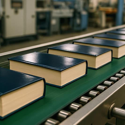 Hardcover-Bücher auf einem Fließband bei der Buch-Produktion
