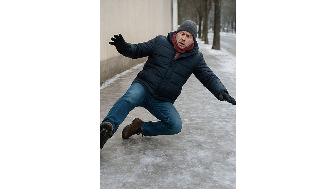 Mann, der auf Eis ausrutscht
