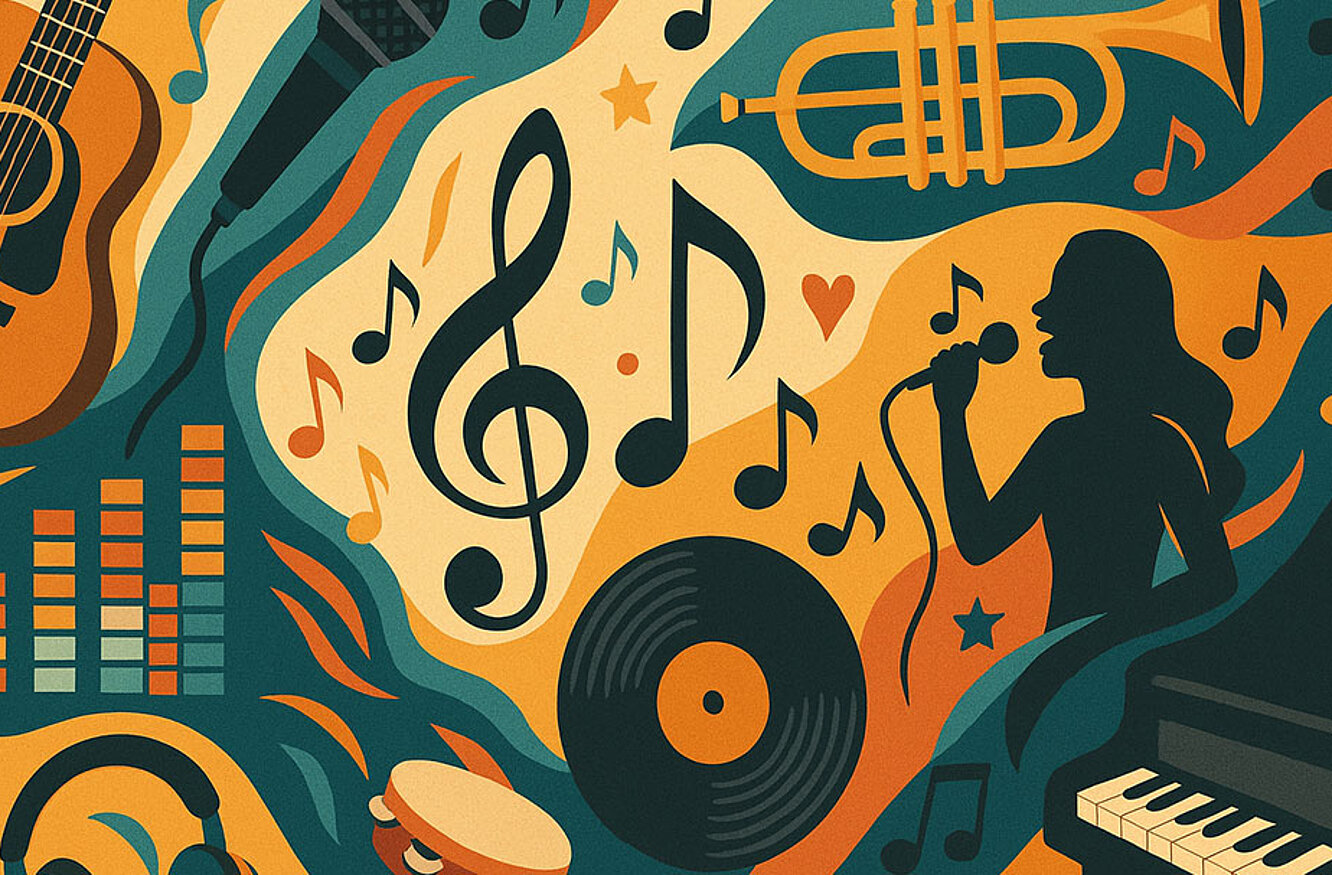 Musikinstrumente, Noten vor buntem Hintergrund
