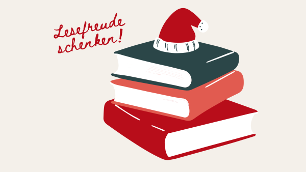 Lesefreude schenken. Bücherstapel mit Weihnachtsmütze