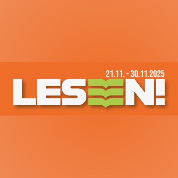 Logo des Literaturfestival LESEN!, vom 21. - 30. November 2025. Weißer Text auf orangenem Hintergrund.