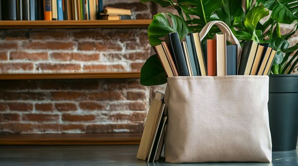 eine helle Stofftasche, aus der viele Bücher rausschauen. Dahinter eine grüne Topfpflanze und ein Regal, teilweise mit Büchern befüllt, vor einer Ziegelsteinwand