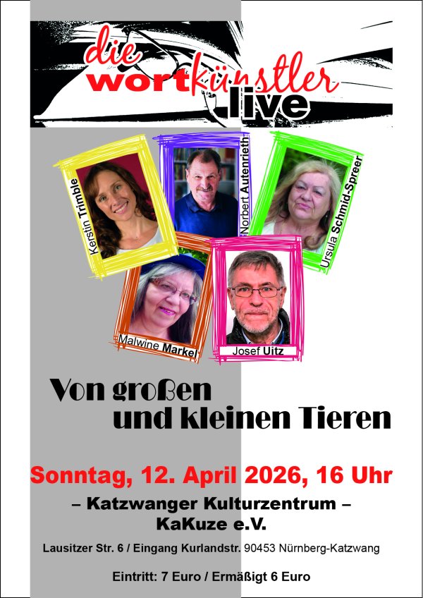 Fünf Porträts von den Wortkünstlern in bunten Rahmen auf grauem Grund