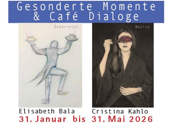 Links eine gezeichnete Figur mit zwei Kaffeetassen in erhobenen Händen, rechts eine Person in dunkler Kleidung mit langem Haar.