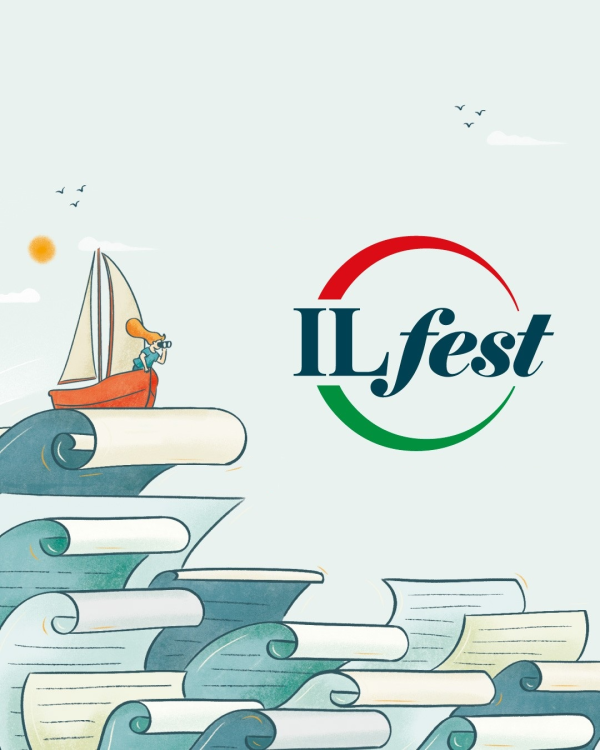 Illustration eines Segelboots mit einer Person und Fernglas auf wellenartig gerollten Buchseiten, daneben das Logo „ILfest“.