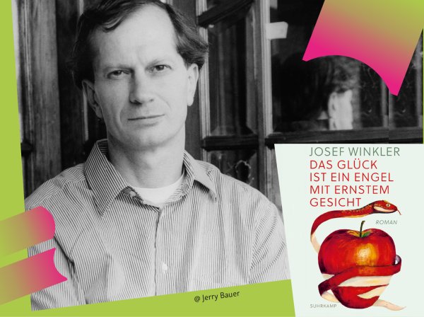 Schwarzweißporträt von Josef Winkler neben dem Cover seines Romans „Das Glück ist ein Engel mit ernstem Gesicht“ mit einem Apfel und einer Schlange.