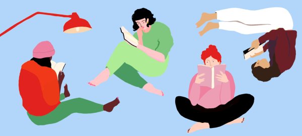 Illustration mit mehreren Personen in unterschiedlichen Sitzpositionen, die vertieft in Bücher lesen, vor hellblauem Hintergrund.
