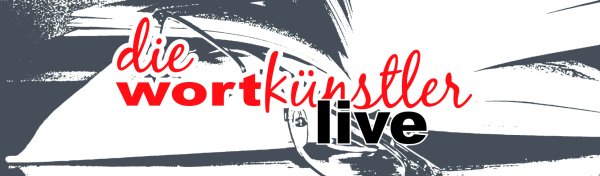 Schriftzug „die Wortkünstler live“ in Rot und Schwarz vor einer abstrakten grau-weißen Illustration.