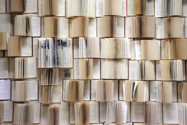 Aufgeschlagene Bücher sind dicht an dicht zu einer wandfüllenden Reihenstruktur angeordnet.