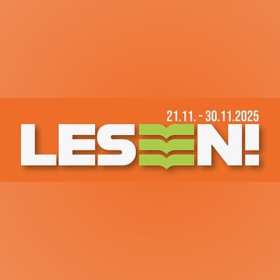 Logo des Literaturfestival LESEN!, vom 21. - 30. November 2025. Weißer Text auf orangenem Hintergrund.
