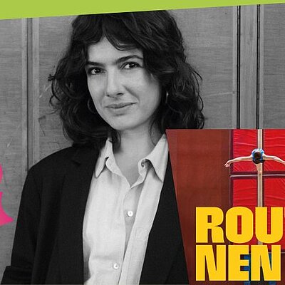 Schwarz-Weiß-Porträt einer lockenhaarigen Person im Blazer neben dem Buchcover „Routinen“ mit einer Turnerin am Barren.