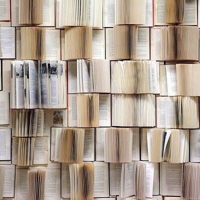 Aufgeschlagene Bücher sind dicht an dicht zu einer wandfüllenden Reihenstruktur angeordnet.