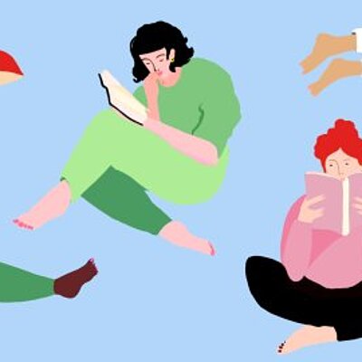 Illustration mit mehreren Personen in unterschiedlichen Sitzpositionen, die vertieft in Bücher lesen, vor hellblauem Hintergrund.