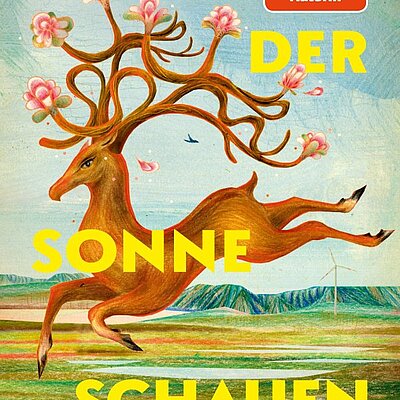 Buchcover „Nach der Sonne schauen" von Martina Hefter (Klett-Cotta): springender Hirsch mit blühendem Geweih vor Landschaft. LONGDESC: Buchcover mit illustriertem, springendem Hirsch in Rottönen, dessen verzweigtes Geweih mit rosa Blüten besetzt ist, vor einer flachen Landschaft mit bewölktem Himmel. Oben: Autorinnenname „Martina Hefter", darunter der Titel „Nach der Sonne schauen" in großen Buchstaben. Oben rechts: Sticker „SPIEGEL Bestseller-Autorin". Unten links: Gattungsbezeichnung „Roman". Unten rechts: Verlagslogo Klett-Cotta. Oben mittig: Hinweis „Der neue Roman der Deutschen Buchpreisträgerin 2024".
