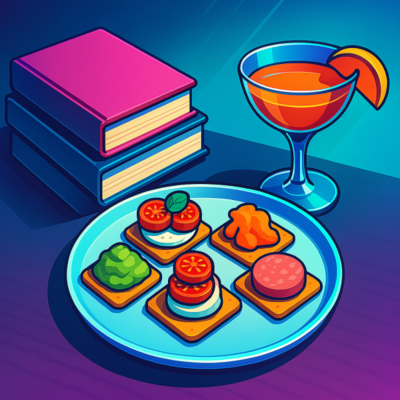 Buch, Getränk und ein Teller mit belegten Broten vor blauem Hintergrund, im Comic-Stil