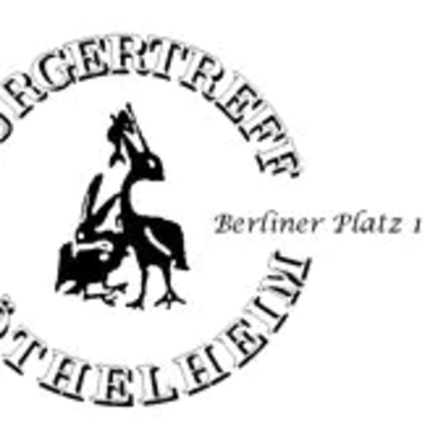 Logo Bürgertreff mit Text Bürgertreff Röthelheim und Figur des Pelikanbrunnens