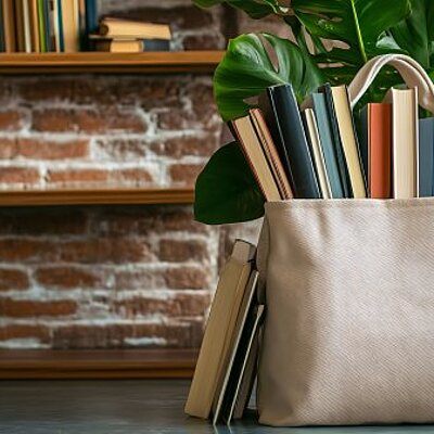 Eine Stofftasche voller Bücher steht vor einem Bücherregal und einer Zimmerpflanze mit großen grünen Blättern