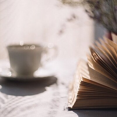 Aufgeschlagenes Buch auf einem Tisch im Sonnenschein, im Hinter steht eine Porzellantasse