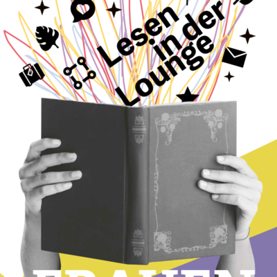 Aufgeschlagenes Buch mit dekorativem Einband, aus dem bunte Linien und schwarze Buchstaben in verschiedenen Größen aufsteigen